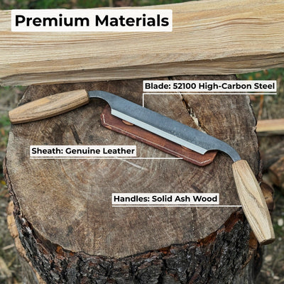 Small straight drawknife with 14.5 cm cutting edge and ash wood handle