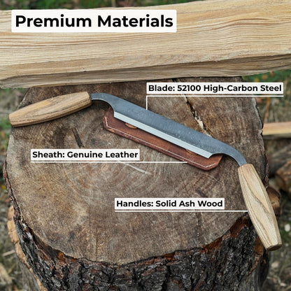 Small straight drawknife with 14.5 cm cutting edge and ash wood handle