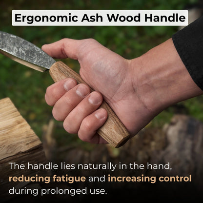 Small straight drawknife with 8.5 cm cutting edge and ash wood handle by Sharky Forged Steel Tools