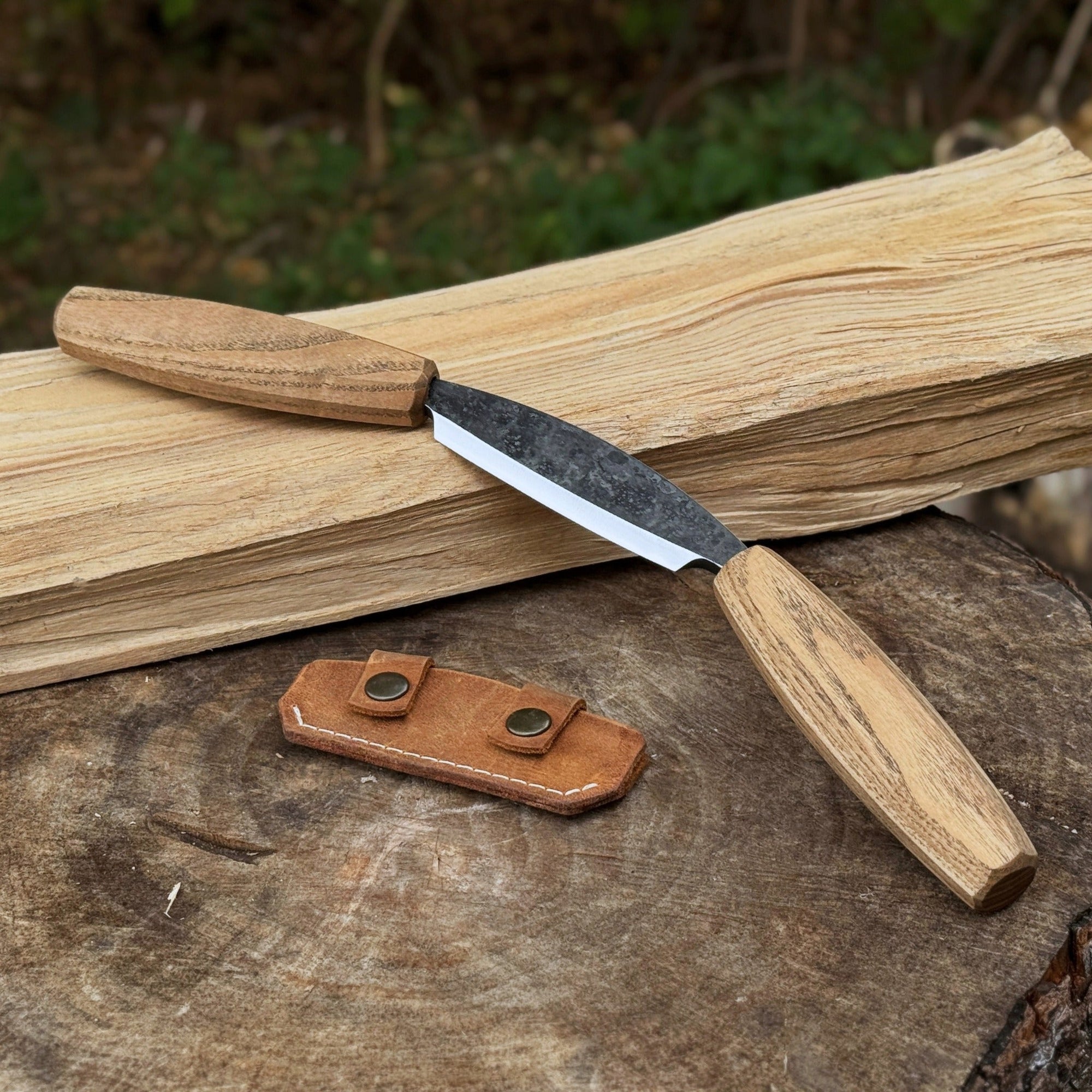 Small straight drawknife with 8.5 cm cutting edge and ash wood handle by Sharky Forged Steel Tools
