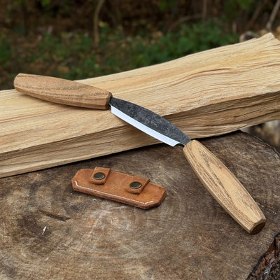Small straight drawknife with 8.5 cm cutting edge and ash wood handle by Sharky Forged Steel Tools