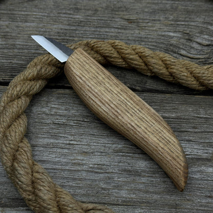 Small whittling carving knife with fine-tipped blade and ergonomic ash wood handle by Sharky Forged Steel Tools