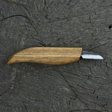 Small whittling carving knife with fine-tipped blade and ergonomic ash wood handle by Sharky Forged Steel Tools