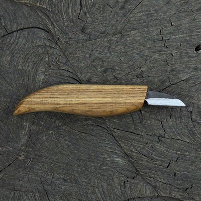 Small whittling carving knife with fine-tipped blade and ergonomic ash wood handle by Sharky Forged Steel Tools