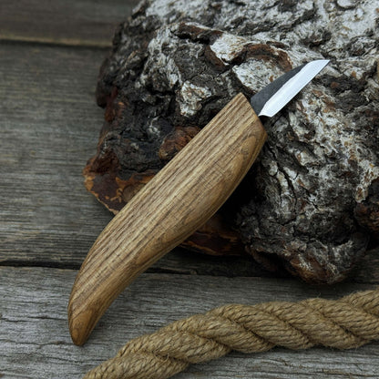Small whittling carving knife with fine-tipped blade and ergonomic ash wood handle by Sharky Forged Steel Tools