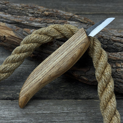 Small whittling carving knife with fine-tipped blade and ergonomic ash wood handle by Sharky Forged Steel Tools