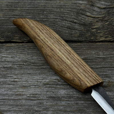 Small whittling carving knife with fine-tipped blade and ergonomic ash wood handle by Sharky Forged Steel Tools