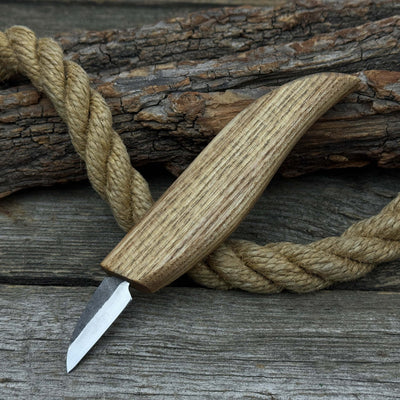 Small whittling carving knife with fine-tipped blade and ergonomic ash wood handle by Sharky Forged Steel Tools