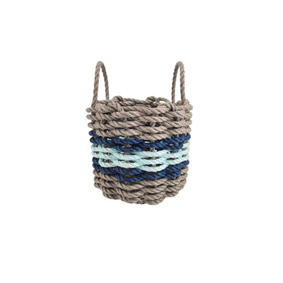 Lobster rope basket in tan and seafoam colors with navy accents, shown in multiple sizes