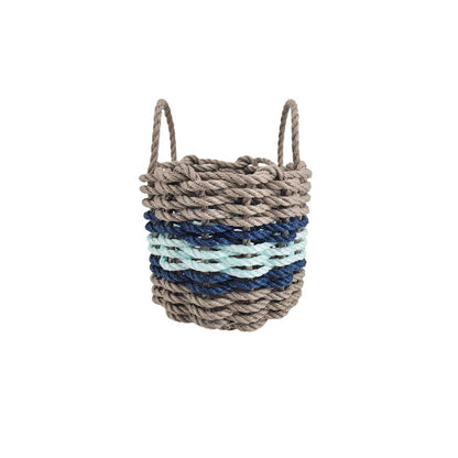 Lobster rope basket in tan and seafoam colors with navy accents, shown in multiple sizes
