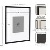 Black satin finish photo frame with beaded detailing, holding an 8x10 inch photo, shown with dimensions and close-ups of mats, acrylic panes, and D-ring hangers.