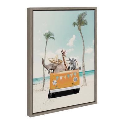 Sylvie Beach Adventures framed canvas art showing colorful beach scene with people, sailboats, and vibrant coastal elements