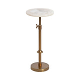 Adjustable-height round white marble table top with subtle veining on a bronze-colored metal stand featuring a wing nut for height adjustment and a weighted base