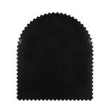 Black arched mirror back with scalloped edge details and two metal hanging brackets visible on a white background