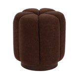 Round ottoman upholstered in dark brown textured fabric with vertical tufting, resting on a low circular wooden base.