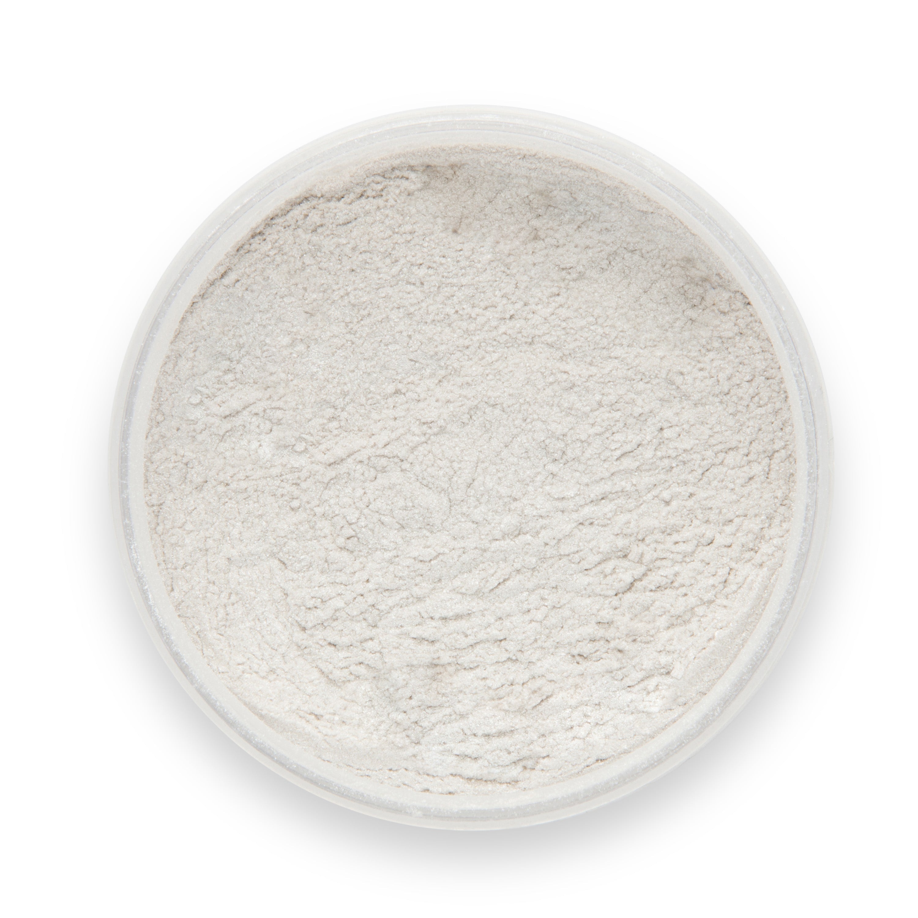 White powder in a clear container on a white background