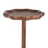 Scalloped round wooden drink table with smooth, curved edges and a single central cylindrical leg, shown against a white background.
