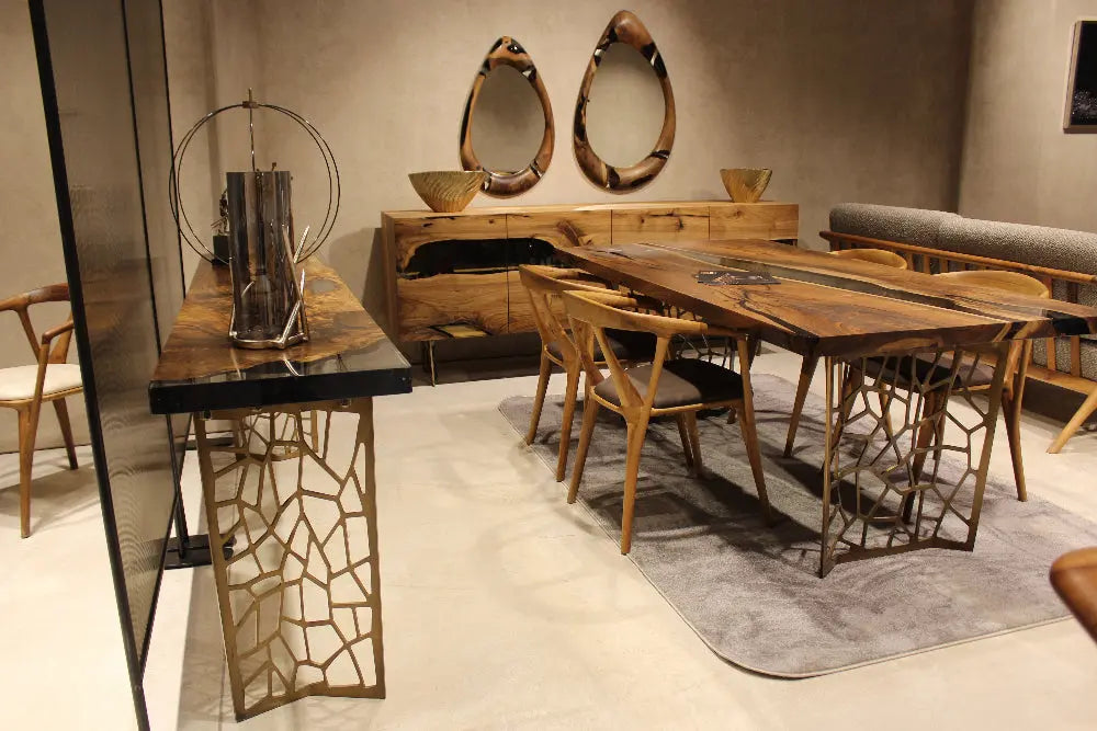 Walnut wood and resin sofa and entry console table with metal legs from Voronoi collection