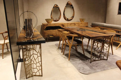 Walnut wood and resin sofa and entry console table with metal legs from Voronoi collection