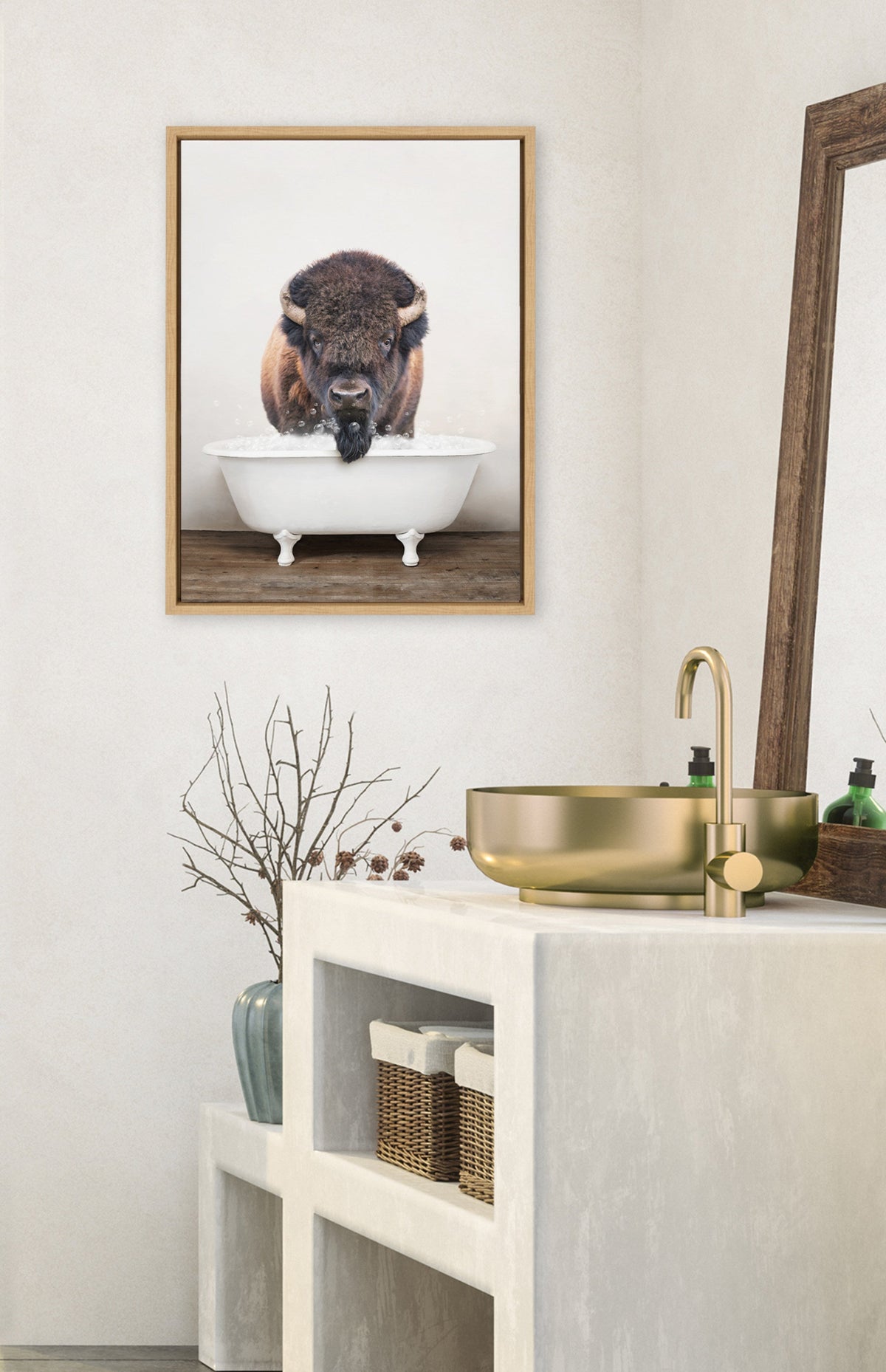 Sylvie Bison Rustic Bubble Bath Framed Canvas by kateandlaurel - product image 4 for Resin Society