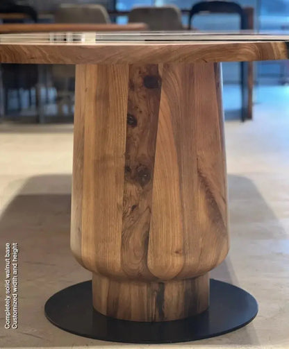 Round epoxy resin dining table with walnut wooden tulip base