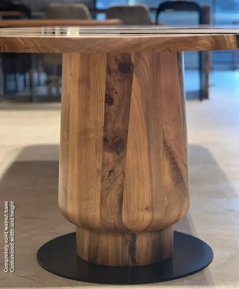 Round epoxy resin dining table with walnut wooden tulip base