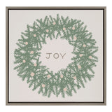 Square canvas print featuring a green pine wreath decorated with light pink berries and the word 'JOY' centered in beige letters on a white background with a thin gray frame.