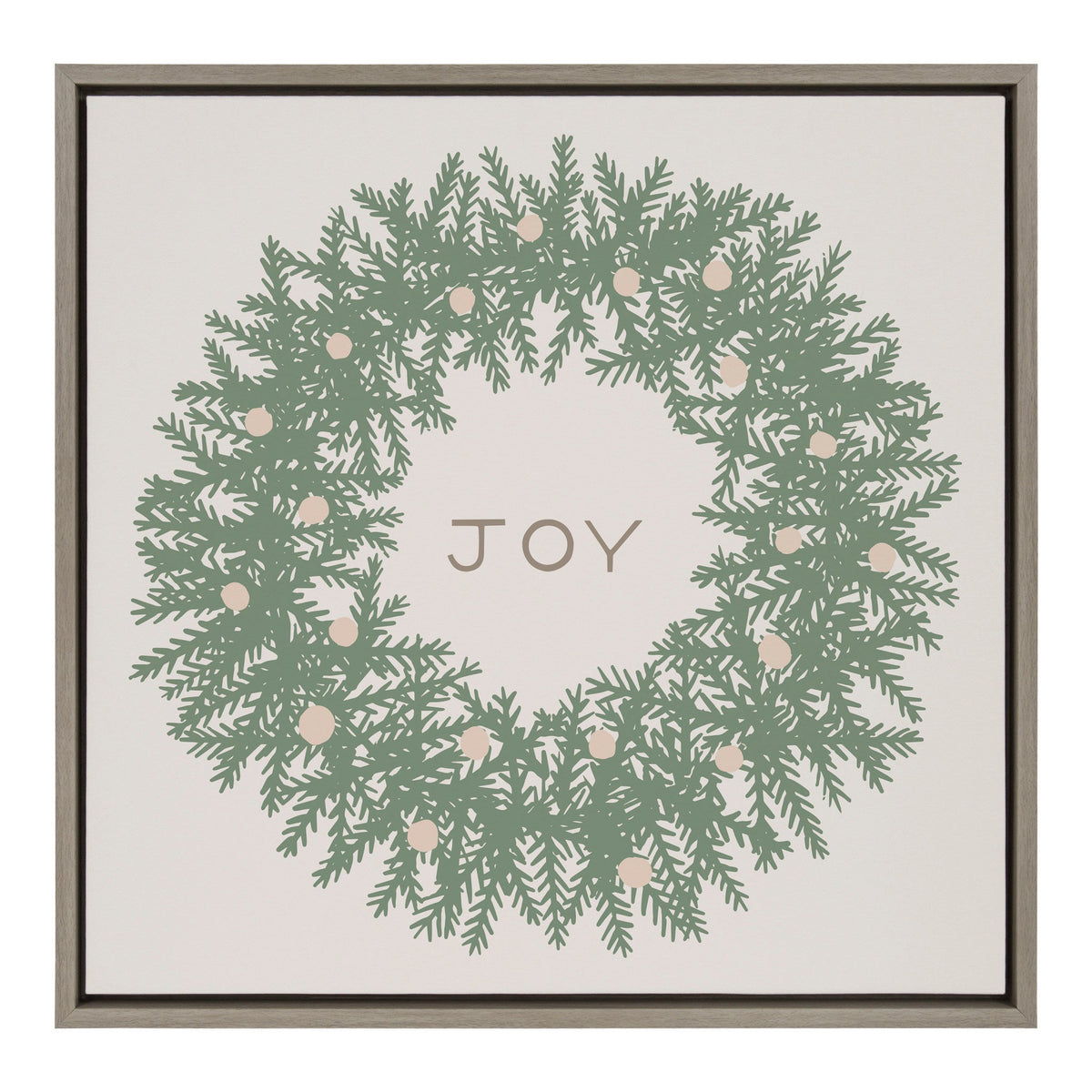 Square canvas print featuring a green pine wreath decorated with light pink berries and the word 'JOY' centered in beige letters on a white background with a thin gray frame.