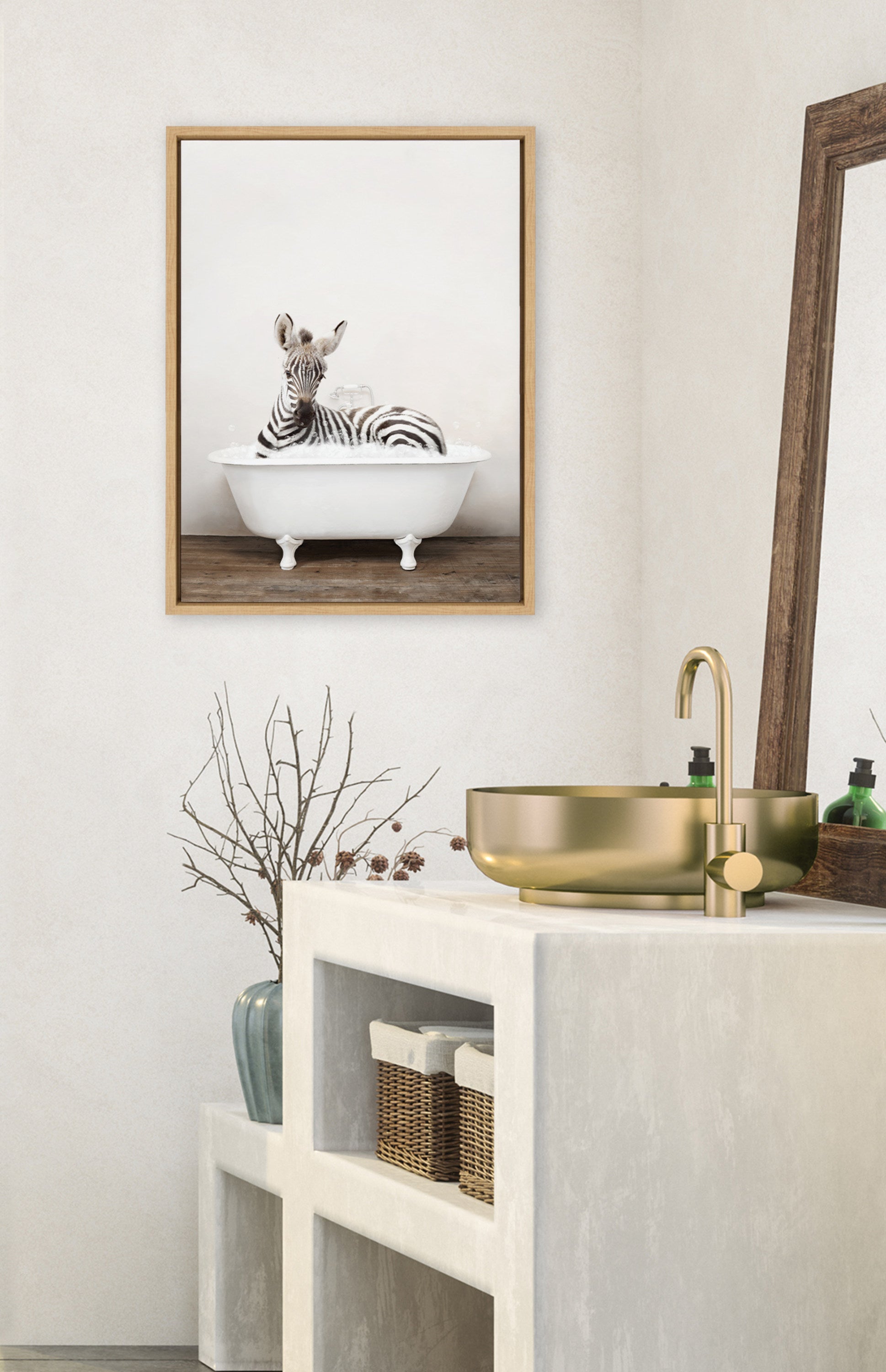Sylvie Baby Zebra in Rustic Bath Framed Canvas by kateandlaurel - product image 10 for Resin Society