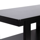 Close-up angled view of a black rectangular coffee table corner showing smooth edges and a lower shelf with solid vertical support.