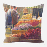 Impressionistic scene of a vibrant outdoor market with people standing beside baskets filled with colorful fruits and vegetables under warm light.