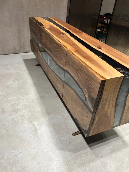 Osso collection resin credenza sideboard with walnut doors and resin accents