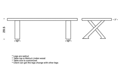Solid linden wood dining table with natural epoxy resin finish and customizable wooden legs