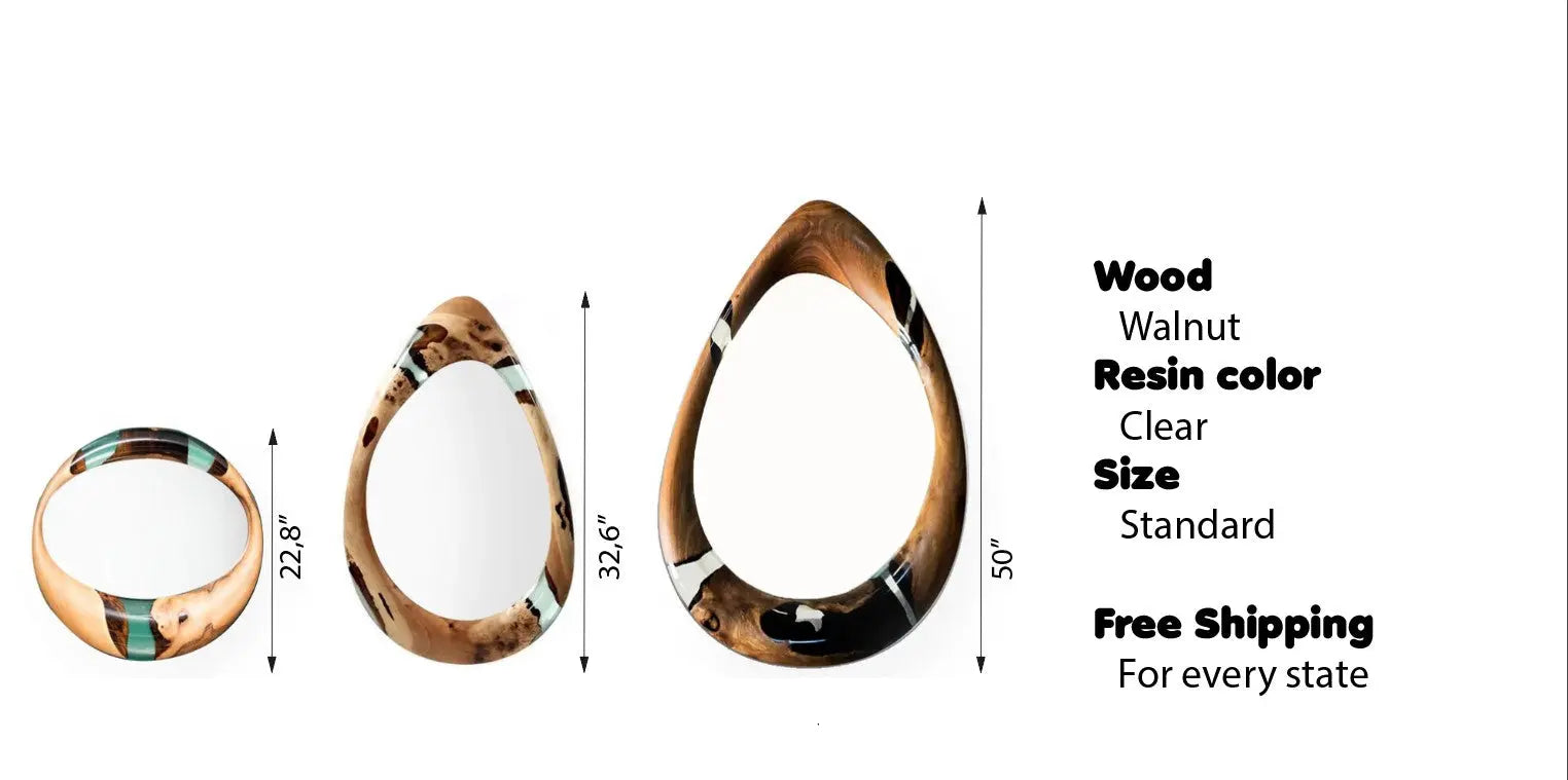 Handcrafted epoxy resin and walnut mirrors in round and teardrop shapes