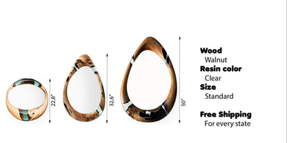Handcrafted epoxy resin and walnut mirrors in round and teardrop shapes