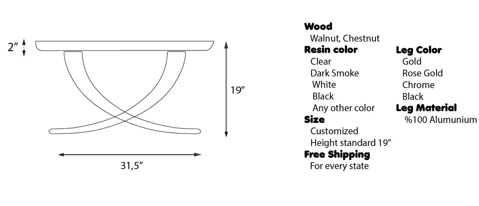 Ivory shaped epoxy resin coffee table made with walnut wood and aluminum legs