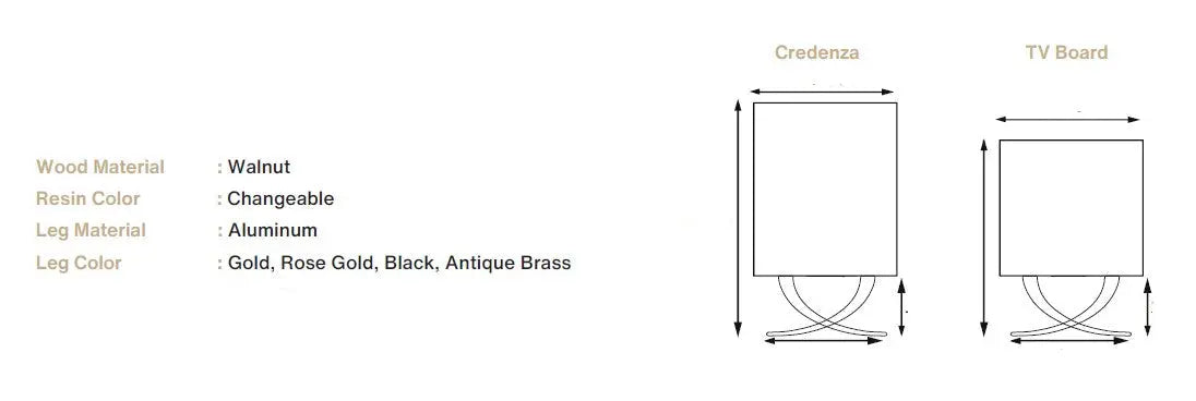 Modern resin and walnut credenza with aluminum legs in a stylish living room setting
