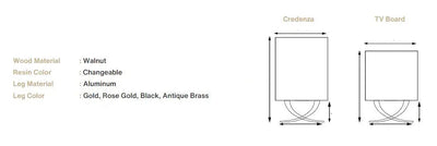 Modern resin and walnut credenza with aluminum legs in a stylish living room setting