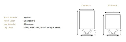 Modern resin and walnut credenza with aluminum legs in a stylish living room setting