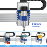 Front view of a PROVerXL 4030 V2 CNC router spindle mount showing a standard 52mm spindle and three compatible tool options below: a red laser, a light blue 65mm trimmer, and a yellow 69mm trimmer.