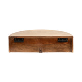 Curved rectangular wooden floating shelf with two black metal mounting brackets on the back against a white background.
