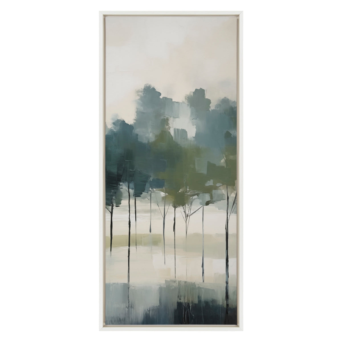 Vertical abstract painting of slender trees with dark trunks and blue-green foliage against a misty, light gray background in a light wooden frame.