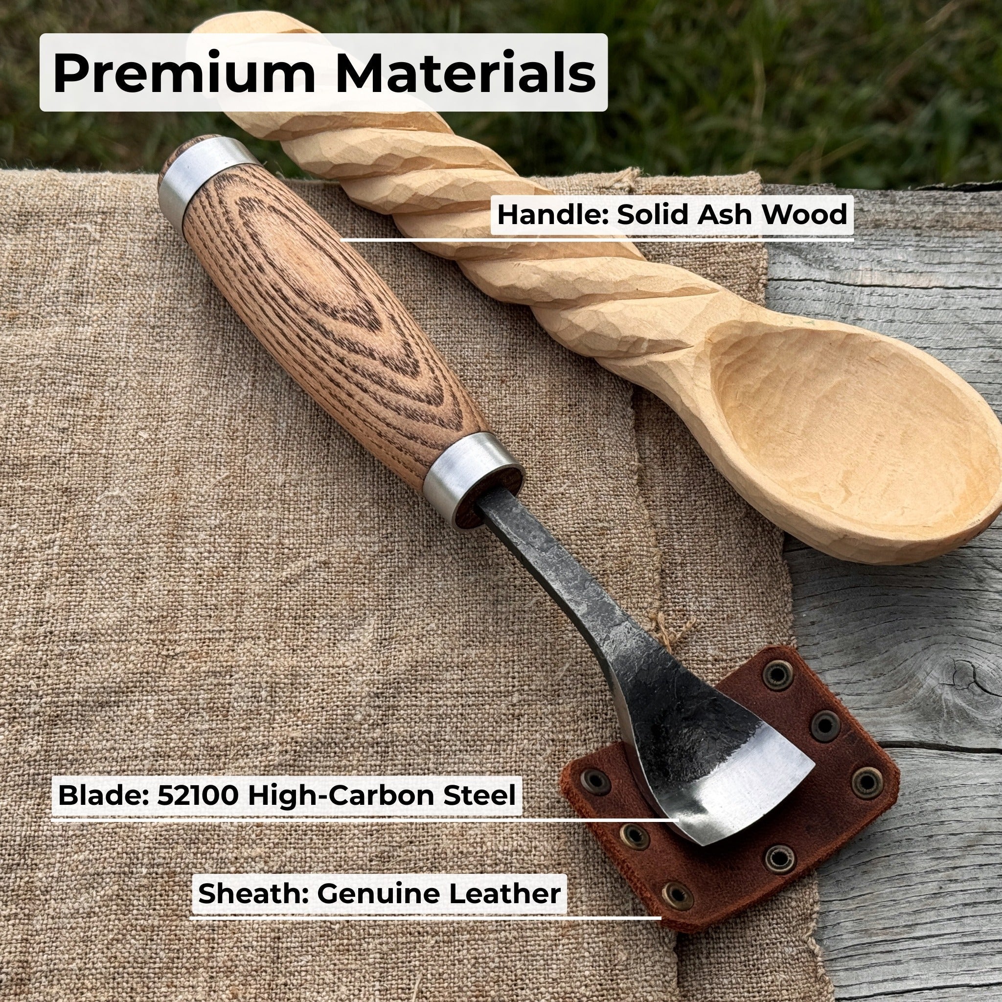 Hand-forged spoon bent gouge with ash wood handle and carbon steel blade