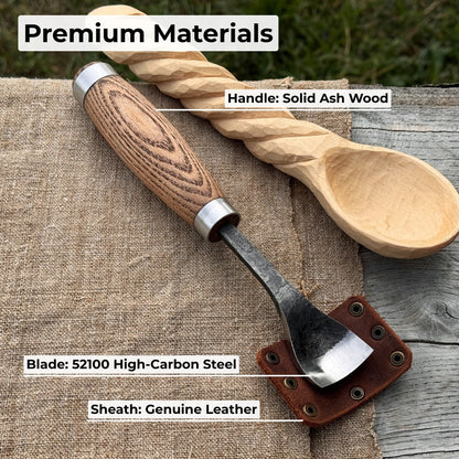 Hand-forged spoon bent gouge with ash wood handle and carbon steel blade