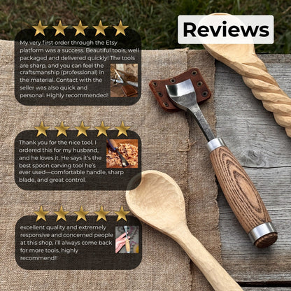 Hand-forged spoon bent gouge with ash wood handle and carbon steel blade