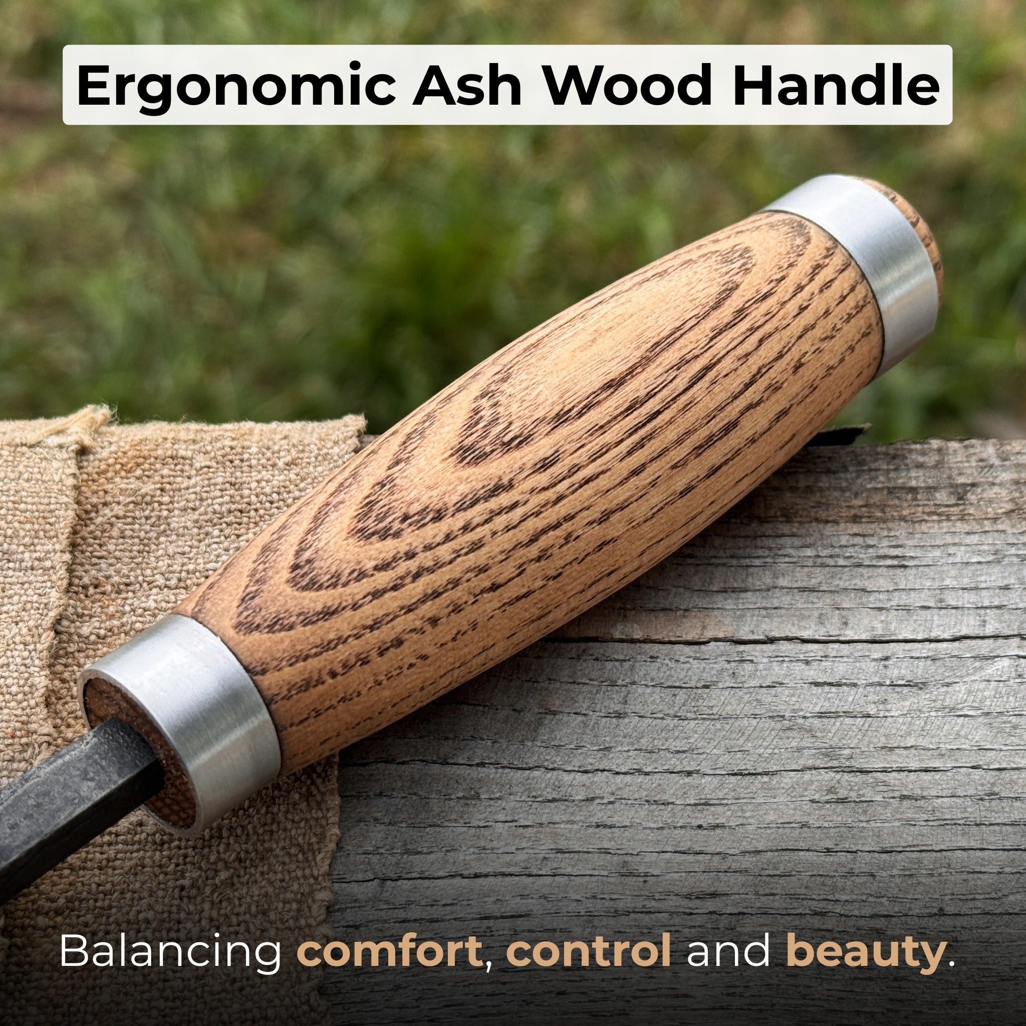 Hand-forged spoon bent gouge with ash wood handle and carbon steel blade