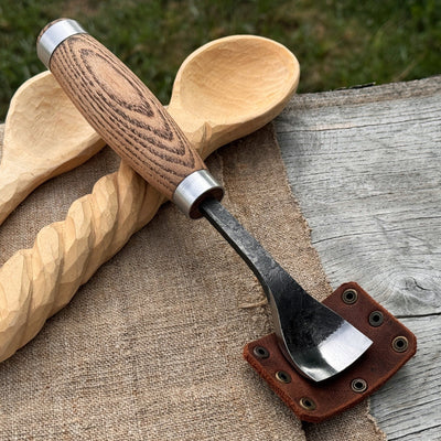 Hand-forged spoon bent gouge with ash wood handle and carbon steel blade