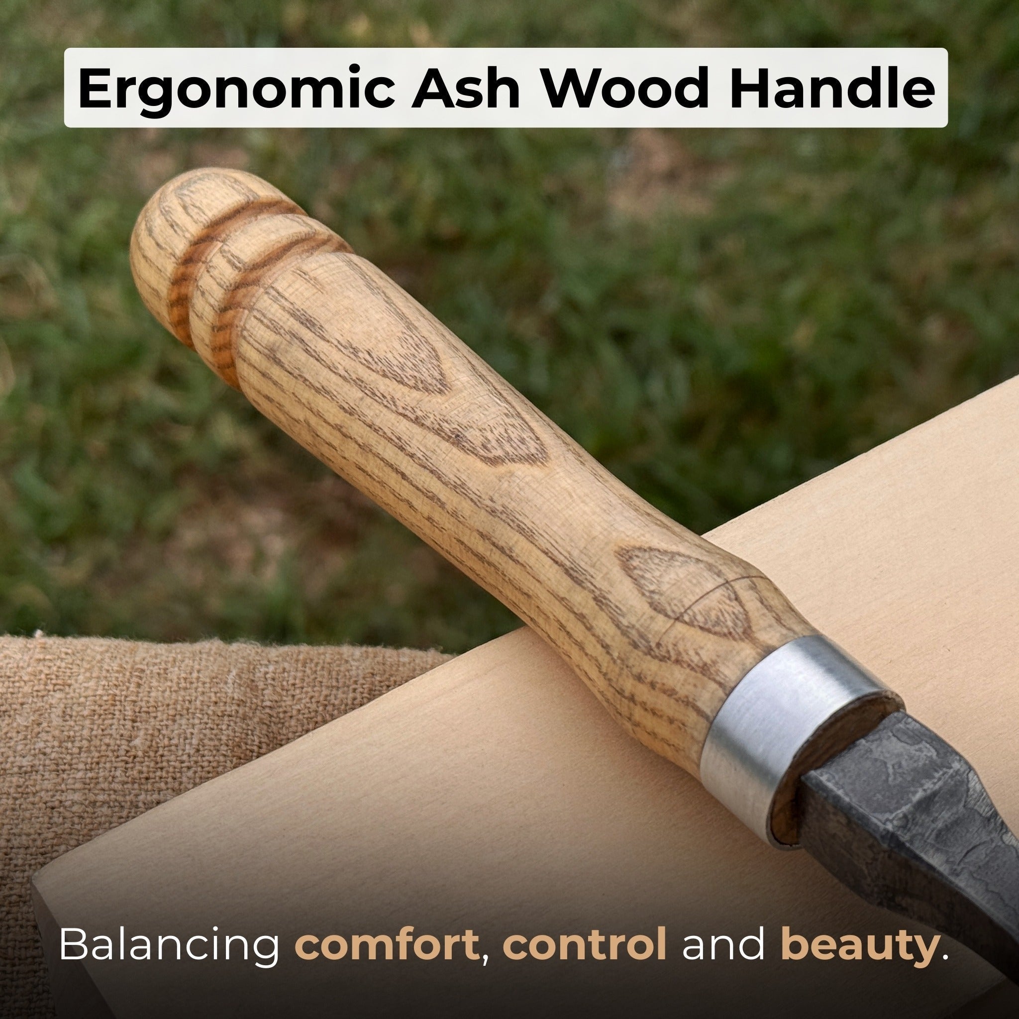Hand-forged Spoon Bent Gouge woodworking tool with ash wood handle and carbon steel blade
