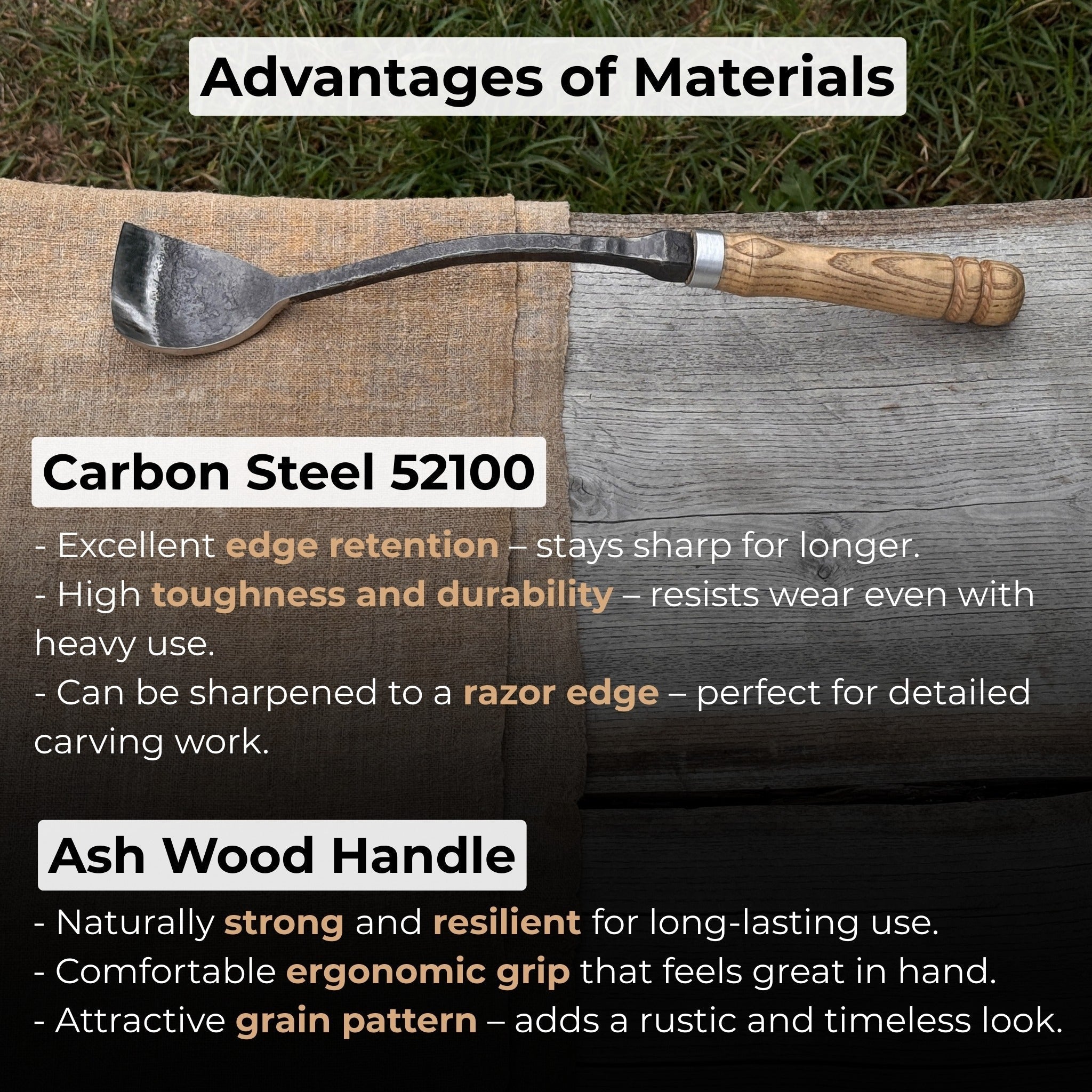 Hand-forged Spoon Bent Gouge woodworking tool with ash wood handle and carbon steel blade