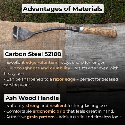 Hand-forged Spoon Bent Gouge woodworking tool with ash wood handle and carbon steel blade